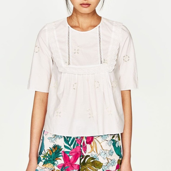Zara Tops - NWT Zara White Eyelet And Embroidered Blouse